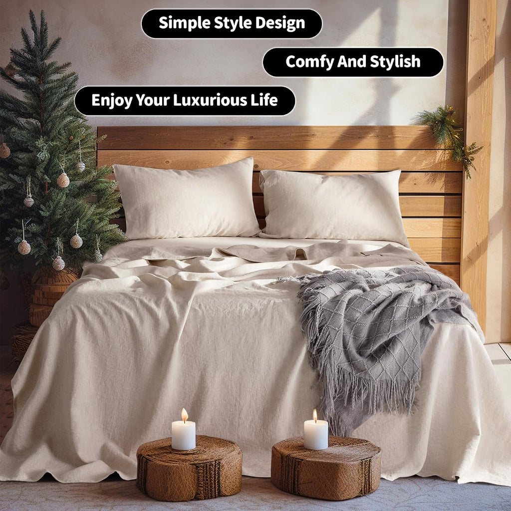 LBRO2M 100% Pure Linen Sheet Set Deep Pocket Up to 16' Bed Sheets Sets, Natural Flax Beddings Soft, Breathable, Comfortable for All Seasons 4 Pcs Sheet Set Full Size, Linen