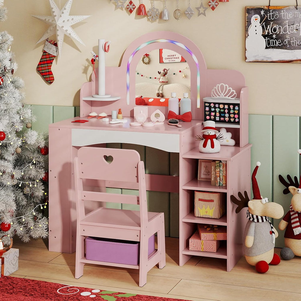 HONEY JOY Kids Vanity, Wooden Girls Vanity Set with Lighted Mirror & Open Bookshelf, Ring Slot & Jewelry Storage, Toddler Makeup Vanity Desk Dressing Table, Kids Vanity Table and Chair Set (Pink)