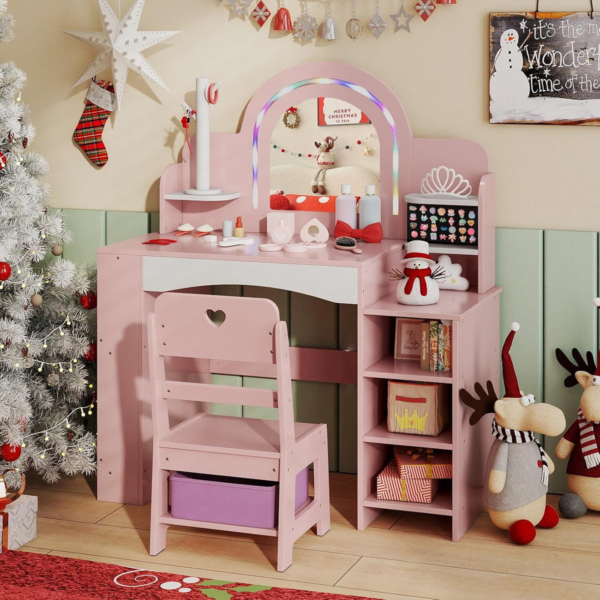 HONEY JOY Kids Vanity, Wooden Girls Vanity Set with Lighted Mirror & Open Bookshelf, Ring Slot & Jewelry Storage, Toddler Makeup Vanity Desk Dressing Table, Kids Vanity Table and Chair Set (Pink)