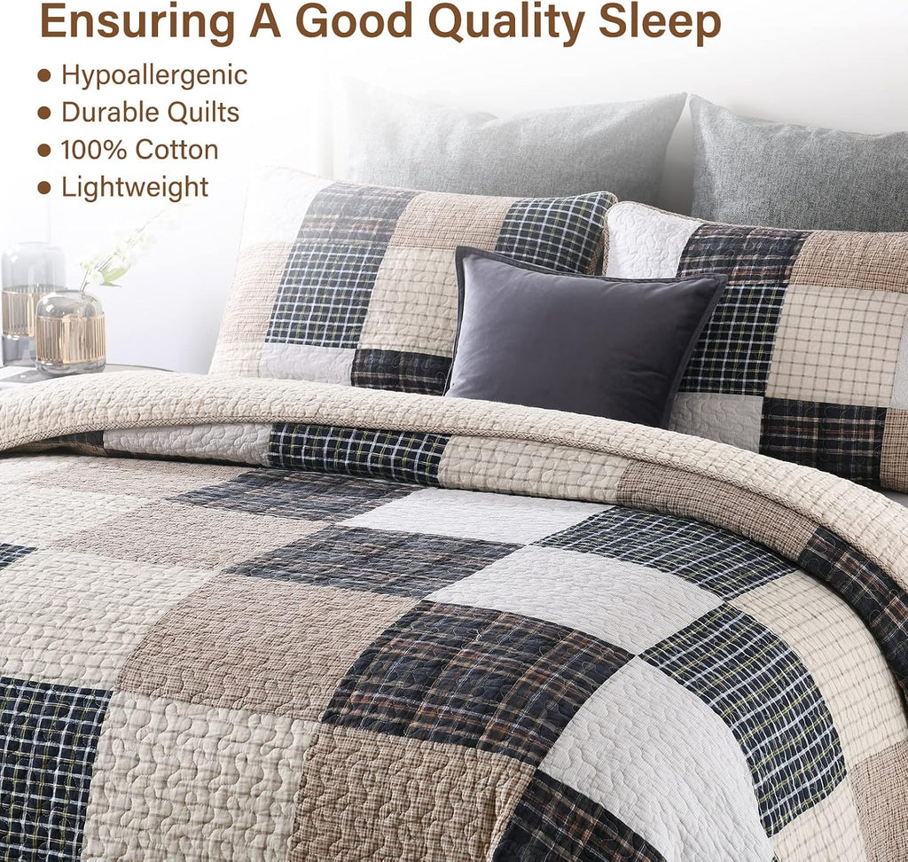 SahSahCasa Quilt Queen Size, Queen Quilt Set, 100% Cotton Queen Quilted Bedding Set Bedspread, Patchwork Farmhouse Quilts, Plaid Lightweight Rustic Comforter for Queen Bed, Beige, for All Season