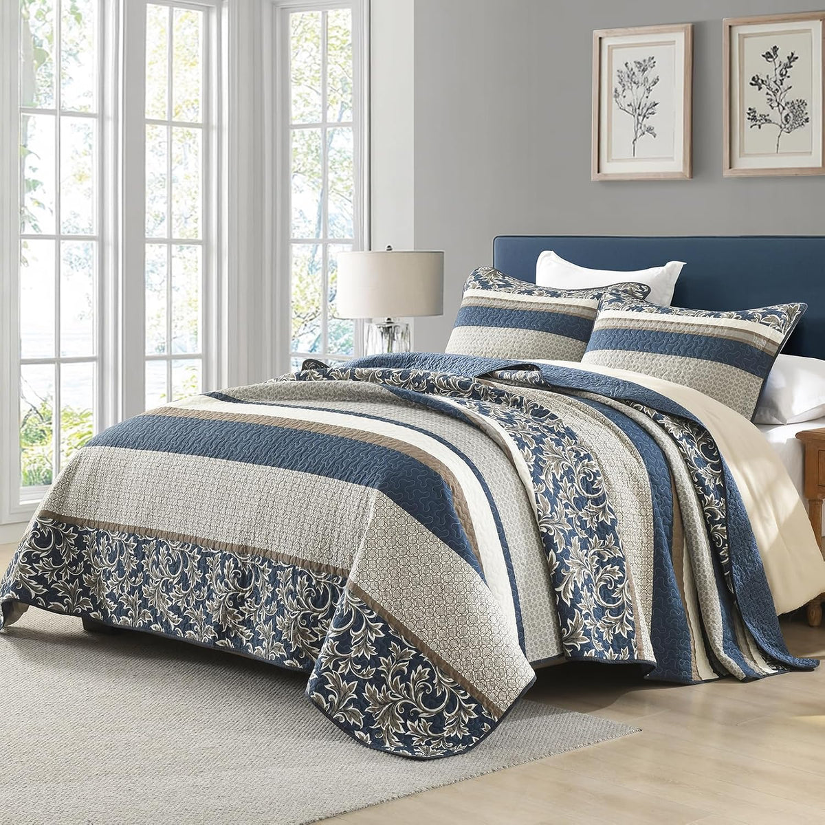 Uniclinens 100% Cotton Quilts Queen Size, Lightweight Botanical Striped Queen Quilt Bedding Set, Vintage Chic Reversible Quilted Bedspreads Coverlet Set, All Season, 3 Pieces, Navy Blue/Gray/Kharki
