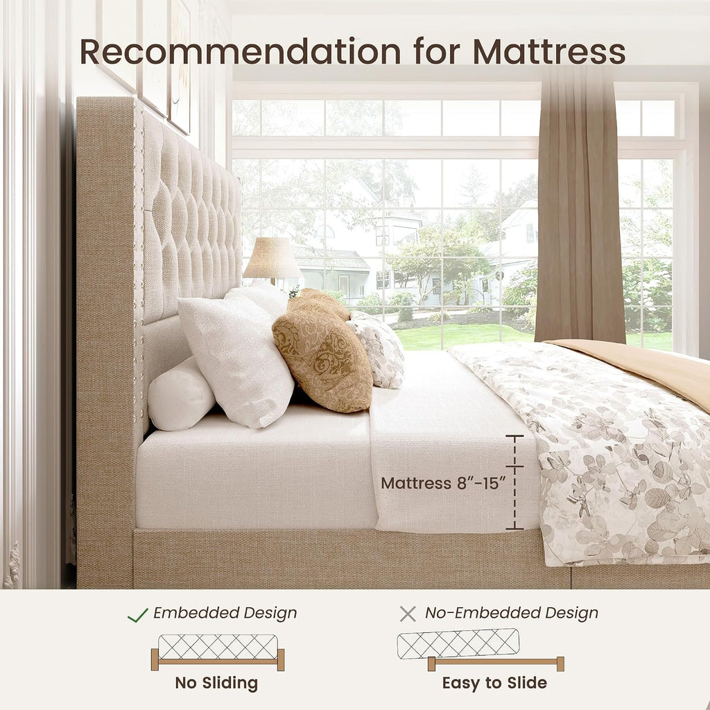 BRELTAM King Size Bed Frame with 4 Storage Drawers and Tufted Headboard Linen Upholstered Platform Bed Frame with Heavy Duty Wood Slats, No Box Spring Needed, Beige