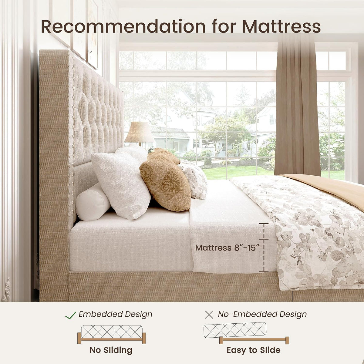 BRELTAM King Size Bed Frame with 4 Storage Drawers and Tufted Headboard Linen Upholstered Platform Bed Frame with Heavy Duty Wood Slats, No Box Spring Needed, Beige