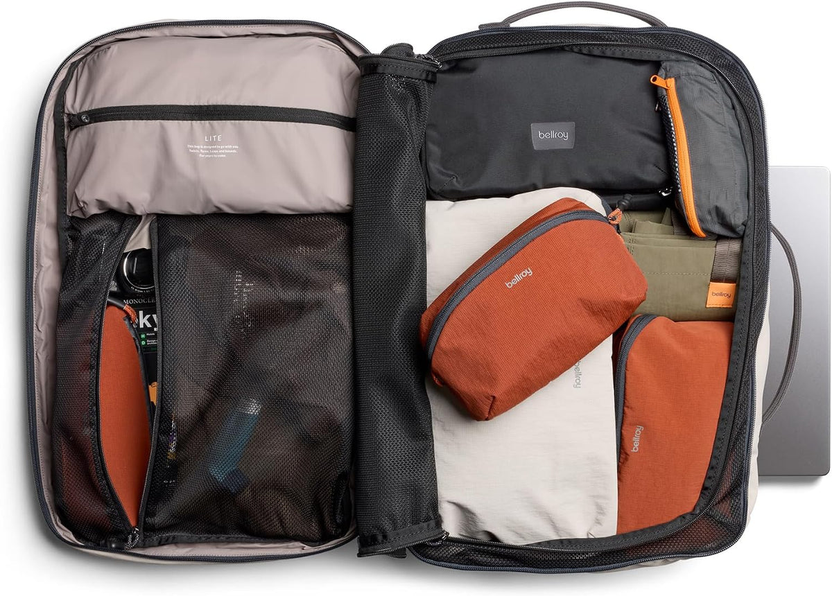 Bellroy Lite Travel Pack 38L (carry-on backpack, large travel backpack for international travelers, with laptop pocket, interior packing cells and tuck-away shoulder straps) - Ash