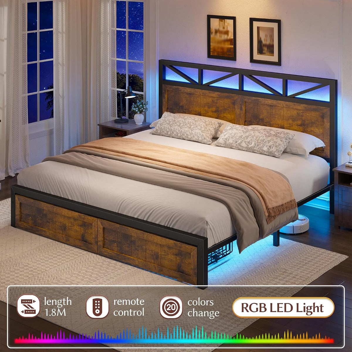 EnHomee Queen Bed Frame with Headboard, 2 Large Drawers Platform Bed with LED Lights and Built-in Charging Station, No Box Spring Needed, Noise-Free Metal Bed for Bedroom,Rustic Brown