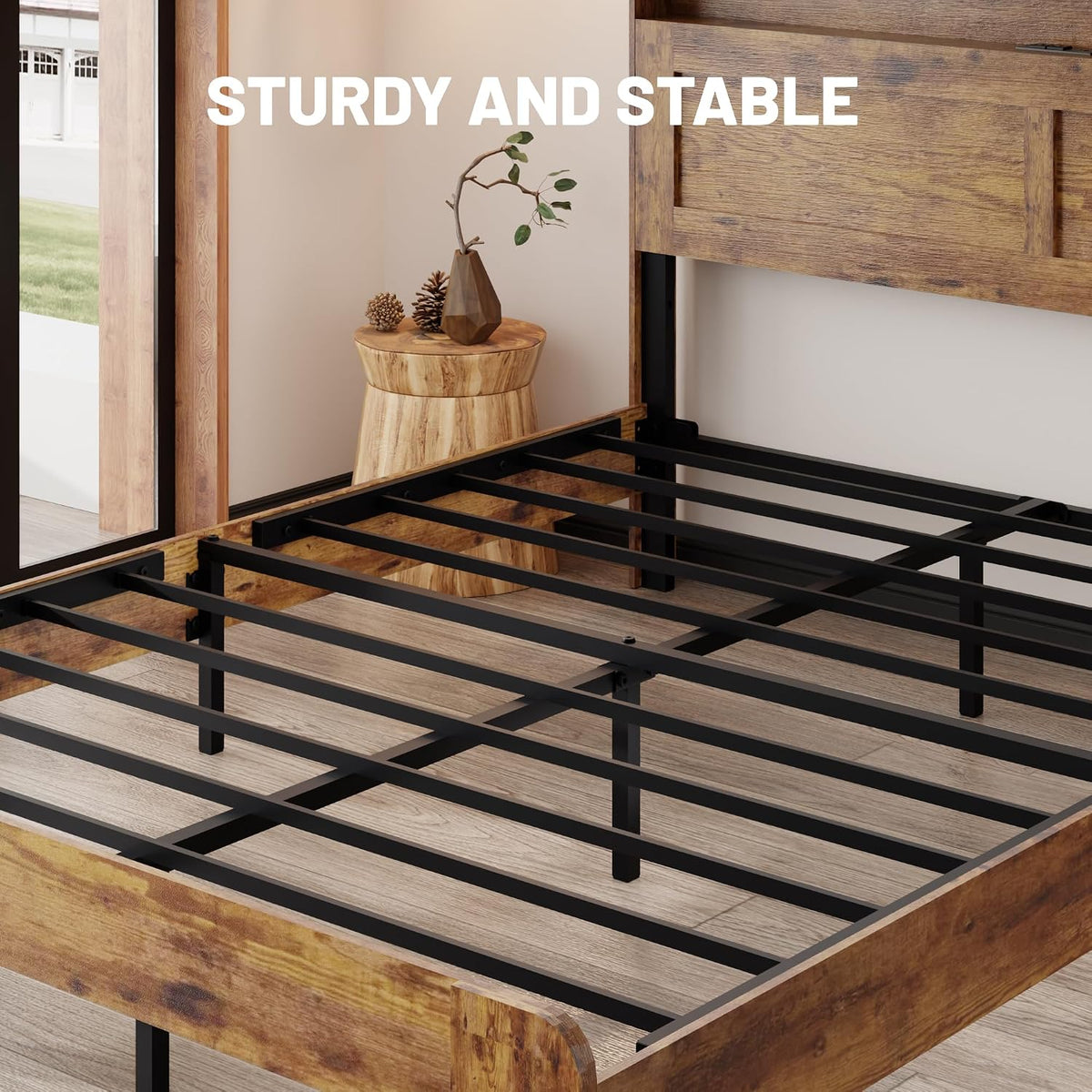 Wooden Bed Frame King Size with Storage Headboard, Rustic Platform Bedframe with LED Lights & Charging Station, Metal Slats Support, Noise-Free, No Box Spring Needed, Brown