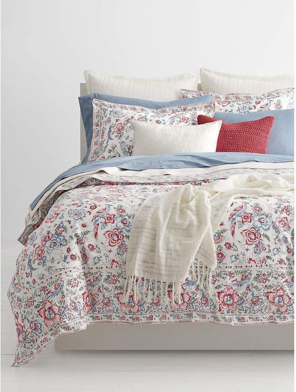 Lauren Ralph Lauren Lucie Birds Jacobean King Comforter Shams 3 PC Set Cream Blue Pink
