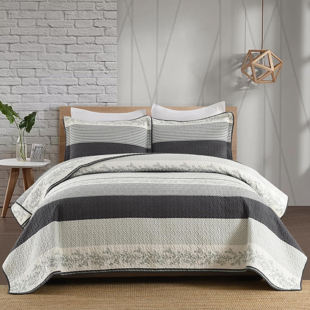 Stripe Quilts Queen Size - 100% Cotton Lightweight 3 Pieces Bedding Set, Vintage Vine Pattern Quilted Bedspread with 2 Pillow Shams, Farmhouse Printed Coverlet for All Season, Green/Gray