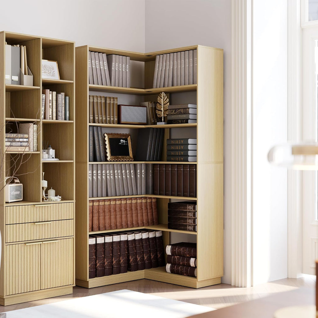 Corner Book Shelf, 6 Tier 73 Inch Tall Corner Bookshelf with Open Storage, Wood L Shaped Bookcase Storage Display Rack for Home Office, Light Walnut