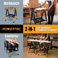 POWERTEC 2-in-1 Folding Work Table & Sawhorse – 1000 lb Capacity Portable Workbench with 8-Level Height Adjustment, Clamps, Bench Dogs & Expandable Support Platform (UT1015)