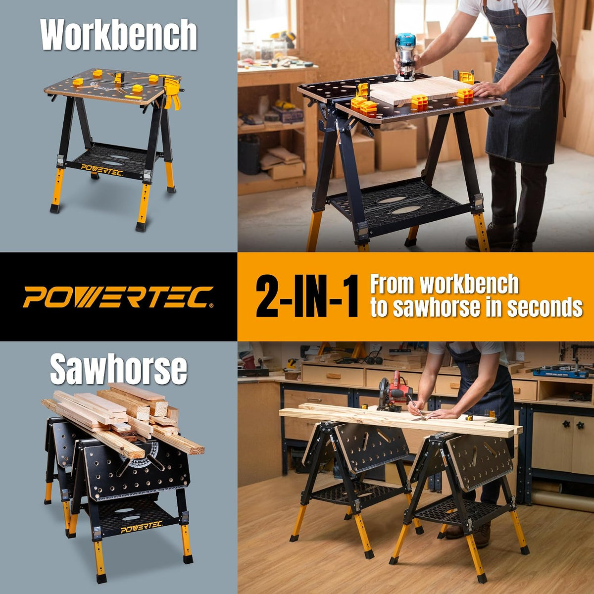 POWERTEC 2-in-1 Folding Work Table & Sawhorse – 1000 lb Capacity Portable Workbench with 8-Level Height Adjustment, Clamps, Bench Dogs & Expandable Support Platform (UT1015)