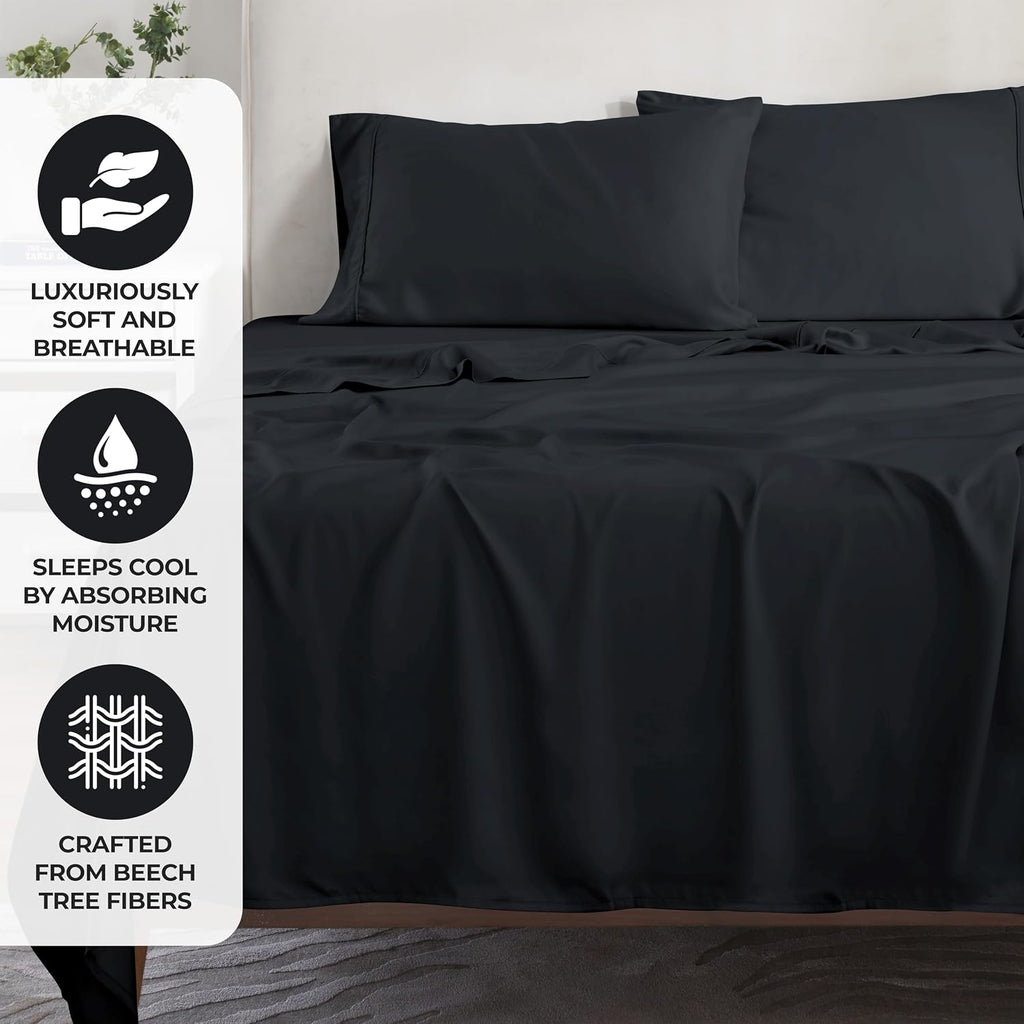 Superior Modal from Beechwood 300 Thread Bed Sheet Set, 1 Elastic Deep Pocket Fitted Sheet, 1 Flat Sheet, 1 Pillowcase, Soft Cool Sheets, Sateen Weave, Bedding Essentials, Twin XL, Black