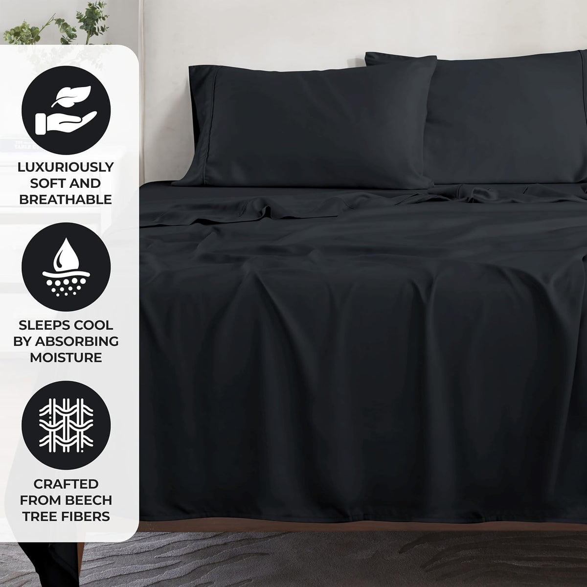 Superior Modal from Beechwood 300 Thread Bed Sheet Set, 1 Elastic Deep Pocket Fitted Sheet, 1 Flat Sheet, 1 Pillowcase, Soft Cool Sheets, Sateen Weave, Bedding Essentials, Twin XL, Black