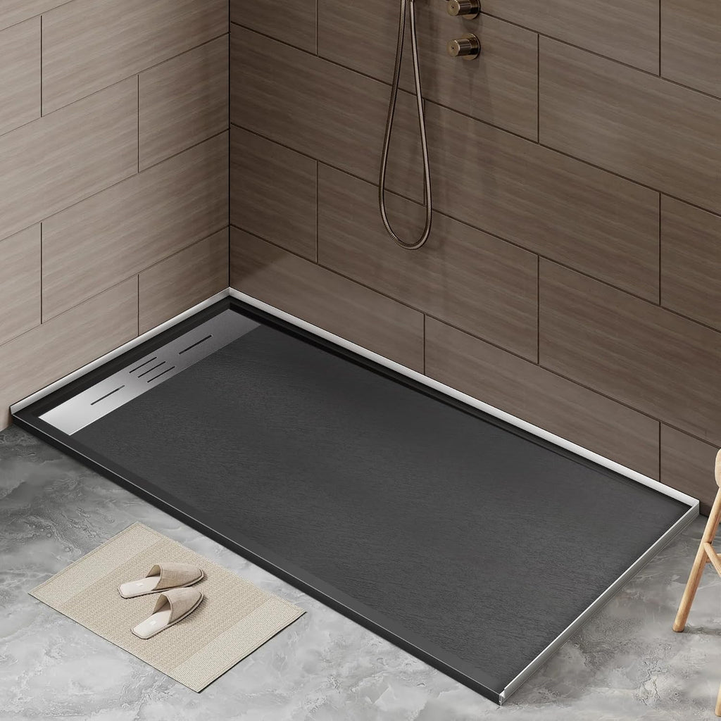 60' x 36' Zero Threshold Shower Pan with Reversible Drain, Non-Slip SMC Shower Base for Wheel Chair Access, Includes 3-Sided Aluminum Waterproof Strip (Black)