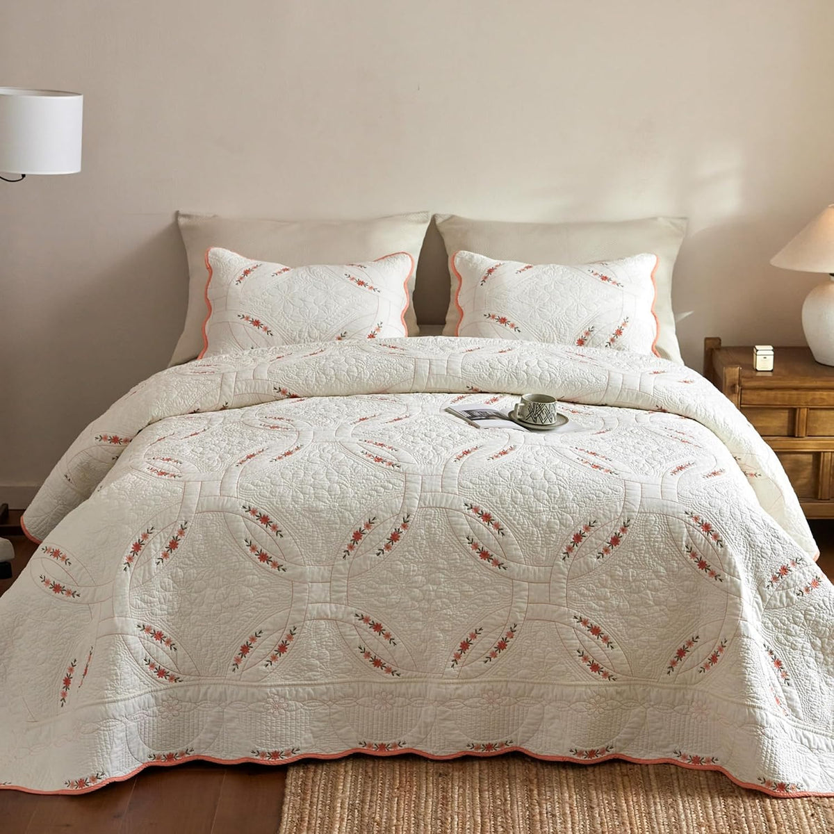 MarCielo 3Pcs Cotton French Country Quilt Bedspread Set Floral Embroidery TC151