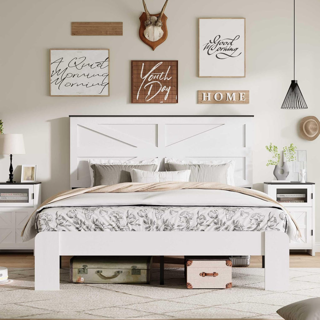 Ball & Cast Queen Size Bed Frame,Wood Platform Bed Frame Queen with Headboard and Metal Slats Support, No Box Spring Needed, Noise-Free, Easy Assembly, Dark Brown,White