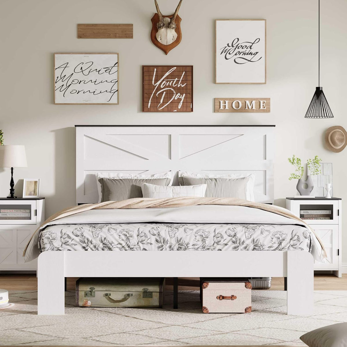 Ball & Cast Queen Size Bed Frame,Wood Platform Bed Frame Queen with Headboard and Metal Slats Support, No Box Spring Needed, Noise-Free, Easy Assembly, Dark Brown,White