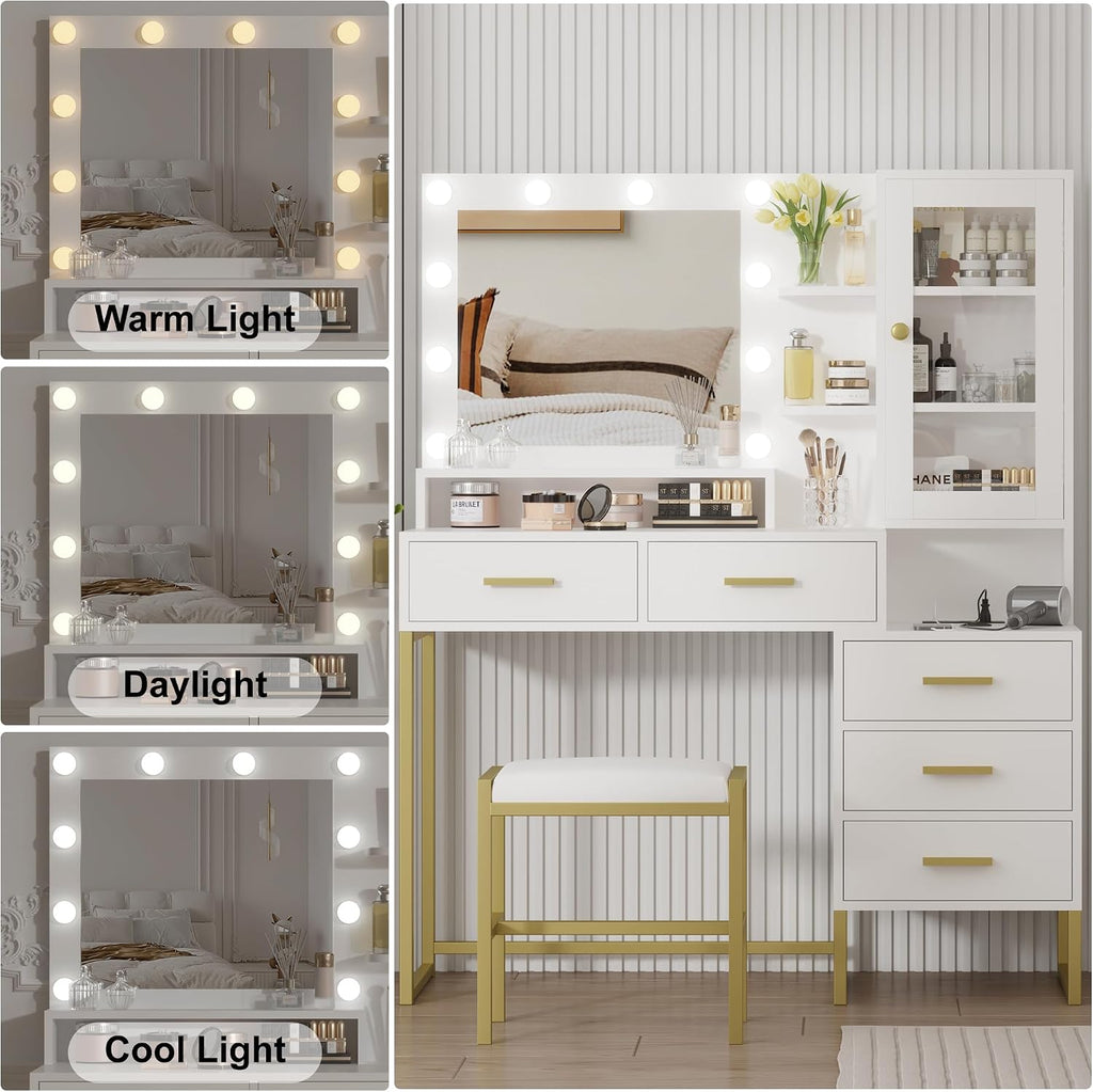 Vanity Desk with Mirror, Makeup Desk Set with 3 Color Lights and Chair, Modern Vanity Table with Drawers and Shevles, Dressing Table with Charging Station for Bedroom, White