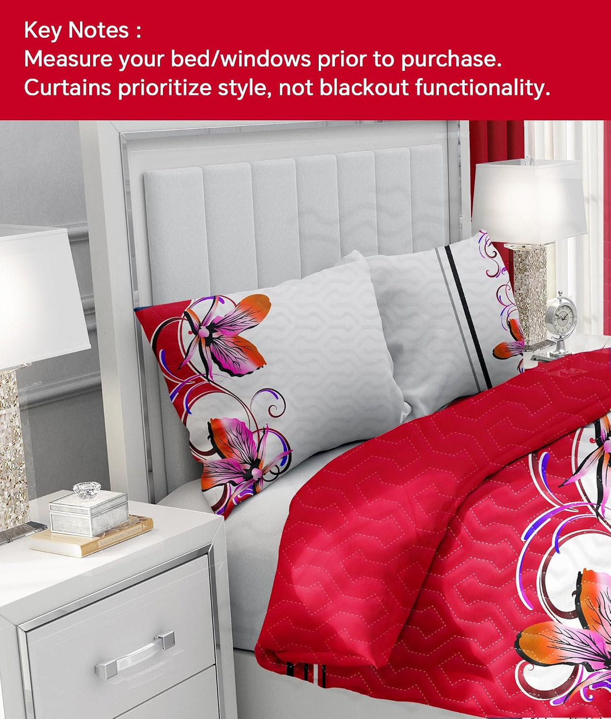 9 Pcs Cal King Bed in a Bag with Curtains | Red Boho Butterfly Bedspread, Pillowcases, Print & Solid Curtains | Microfiber, Moisture-Wicking | Bedspread and Curtain Sets | RV & Outdoor Ready