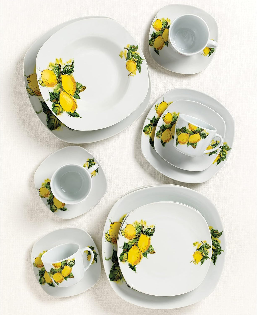 Stylish and Elegant 20 Pieces Porcelain Square Dinnerware Set Service for 4 People for Hosting Parties and Events (Lemon Design)