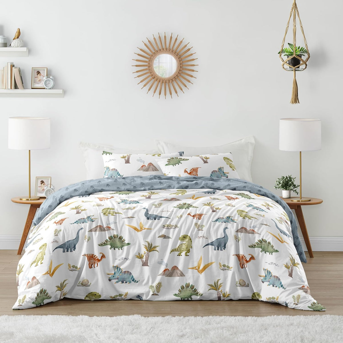 Sweet Jojo Designs Watercolor Dinosaur Dino Boy Queen Comforter Set Full Size Bedding Kids Teen Adult Bed Room 3p Green Slate Blue White Modern Dinosaurs Jurassic Nature Animal Steel Turquoise Yellow