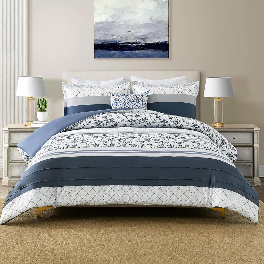 DDUOXIN Blue Queen Size Comforter Set - Boho Navy Striped Comforter Bedding Set, Floral Pattern Soft Duvet Insert, Reversible Skin Friendly Comforters with 2 Pillowshams, Blue/White