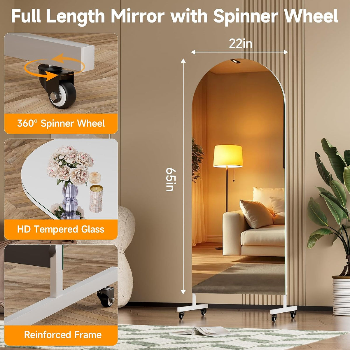 Hasipu 65' x 22' Arched Rolling Home Gym Mirror with Wheels, 360° Swivel Body Mirror with HD Tempered Glass, Large Floor Mirror for Yoga Room, Dance Studio, Bedroom & Home Gym