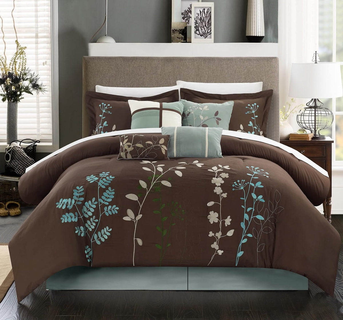 Chic Home Bliss Garden 8 Piece Embroidered Comforter Set, Queen, Brown