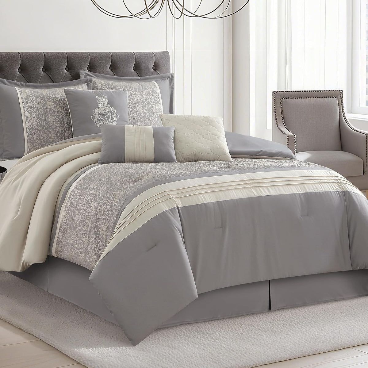 LANCO MODERN LIFESTYLE Grey California King Comforter Set, Damask Jacquard with Matching Solid Piece Work, 7 Piece Soft Bedding Set for All Season, Bed Skirt, Pillow Shams and Decorative Pillows