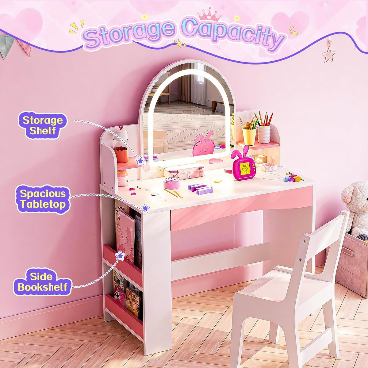 Teckid Kids Vanity Table and Chair Set with Lights, Toddler Vanity Desk for Girls, Princess Makeup Vanity for Kids with Storage Shelves, Open Bookshelf and Stools, White