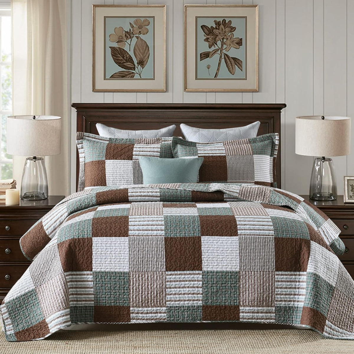 Finlonte Quilt King Size - 100% Cotton King Size Comforter Set Brown Green White Plaid Farmhouse Quilt Bedding Set, Reversible Lightweight Soft Bedspread, Quilted Coverlet All-Season, 3-Piece