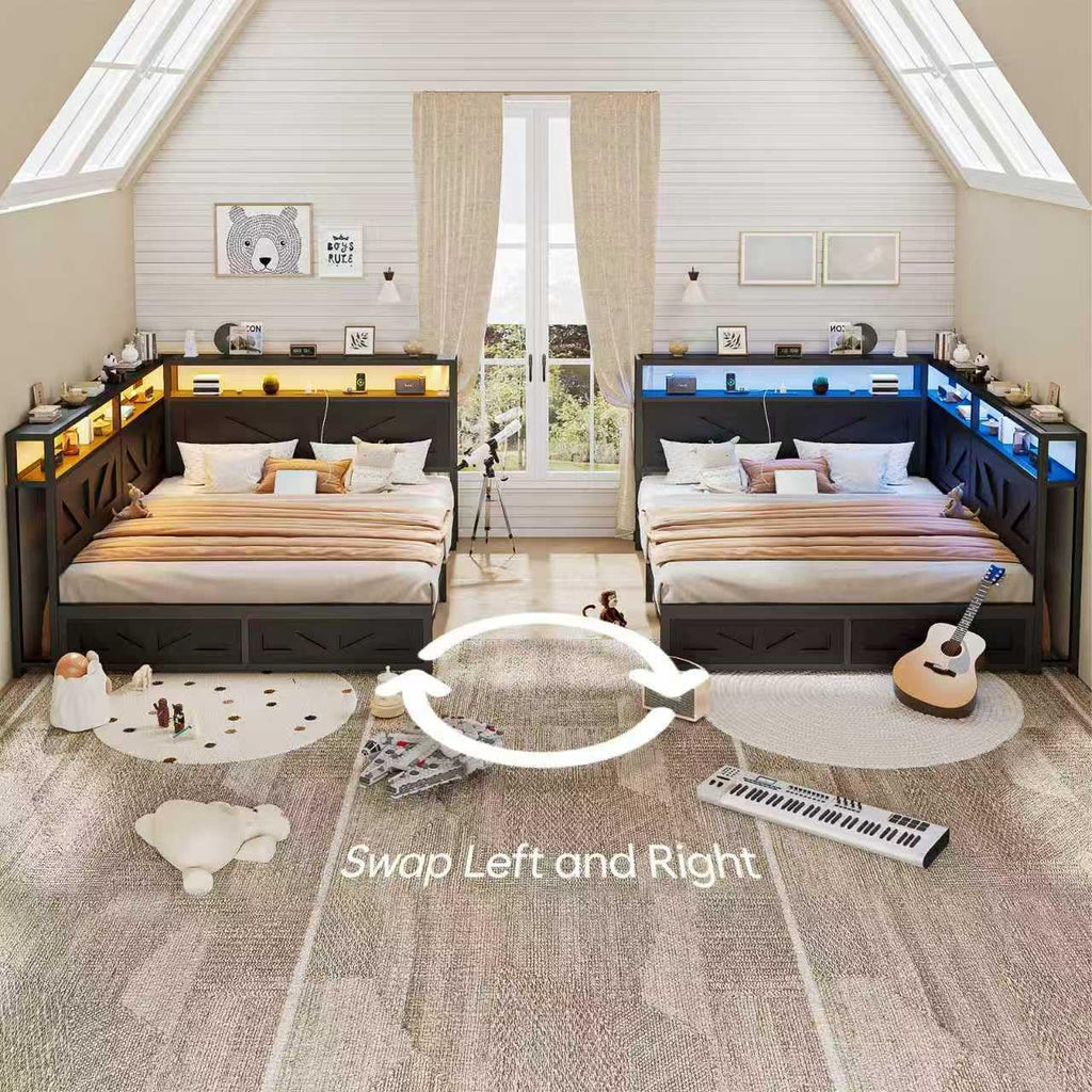 CIKUNASI Corner Full Size Bed Frame with Headboard and Storage Farmhouse Daybed Frame with LED Lights and Charging Station Metal Platform Bed Frame Full Size for Kids Corner Bed