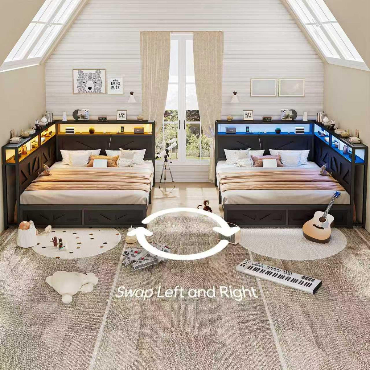CIKUNASI Corner Full Size Bed Frame with Headboard and Storage Farmhouse Daybed Frame with LED Lights and Charging Station Metal Platform Bed Frame Full Size for Kids Corner Bed