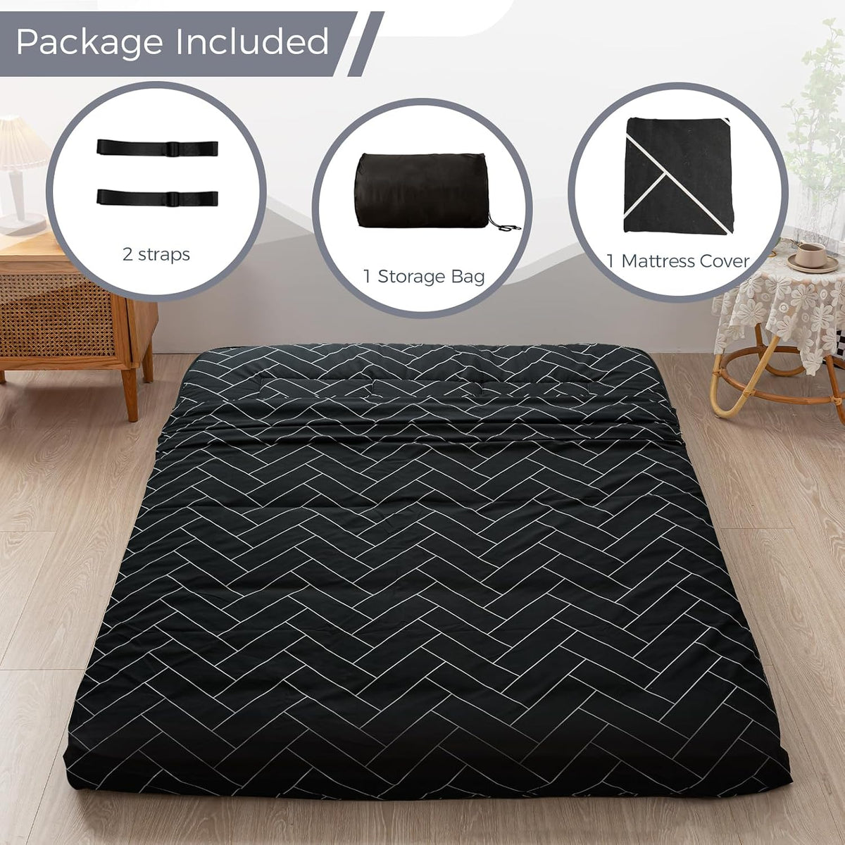 MAXYOYO Black Geometric Pattern Futon Mattress, Japanese Floor Mattress Quilted Mattress Topper, Extra Thick Folding Sleeping Pad Breathable Floor Lounger Guest Couch for Camping, Queen