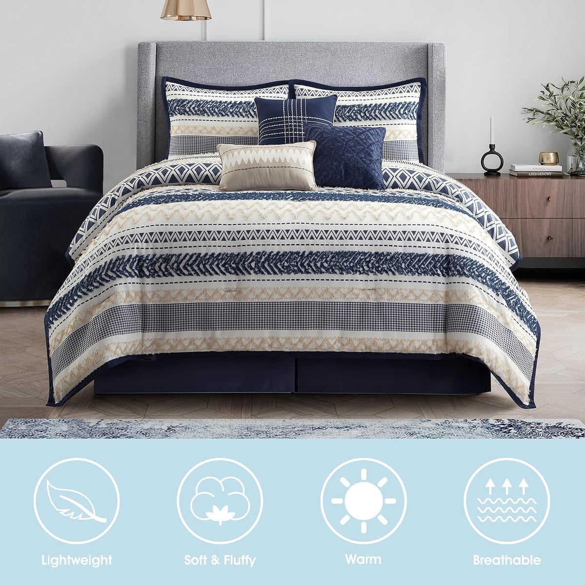 LANCO MODERN LIFESTYLE King Size Comforter Set 7 Piece, Navy, Waffle Clipping and Sateen Jacquard Weave, Soft and Lightweight Bedding Set for All Seasons, Bedskirt, Shams and Decor Pillows