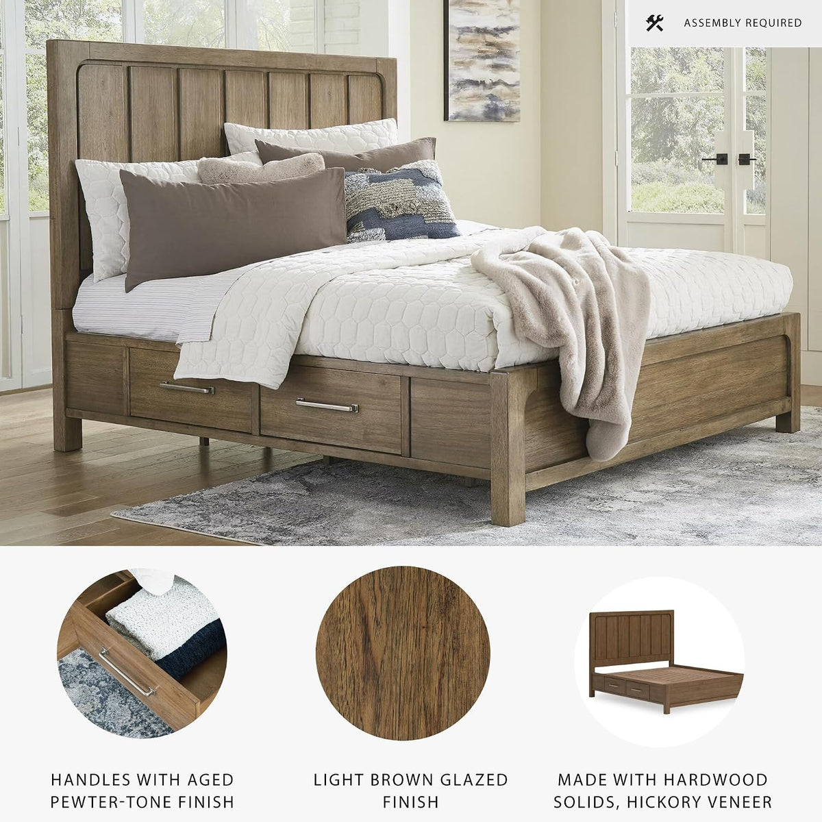 Signature Design by Ashley Cabalynn Modern 4-Drawer California King Platform Bed with Storage, Foundation or Box Spring Not Needed, Light Brown