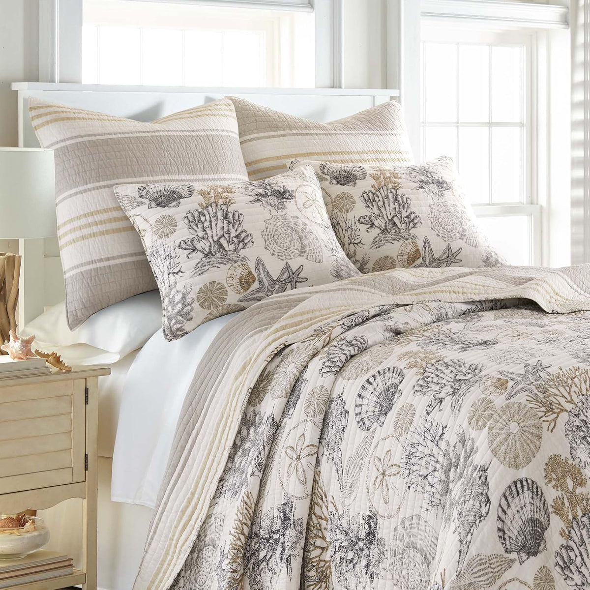 Levtex Home - Caspian Sea Neutral Quilt Set - Full/Queen Quilt (88x92in.) + Two Standard Pillow Shams (26x20in.) - Coastal - Taupe, Cream, Grey - Reversible - Cotton Fabric