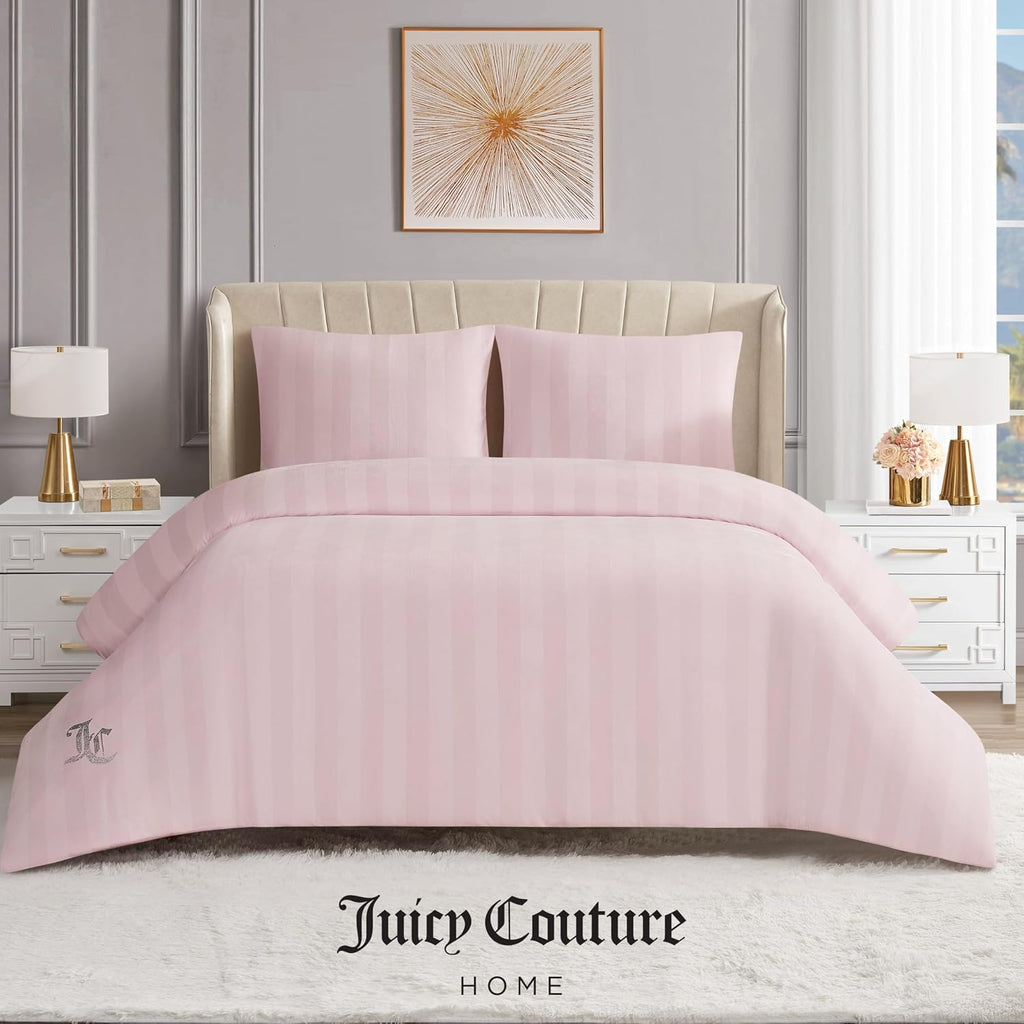 Juicy Couture Jenny Velour Striped Jacquard Queen/Full Size Comforter Bedding Set Ensemble - Pink 3 Piece Set