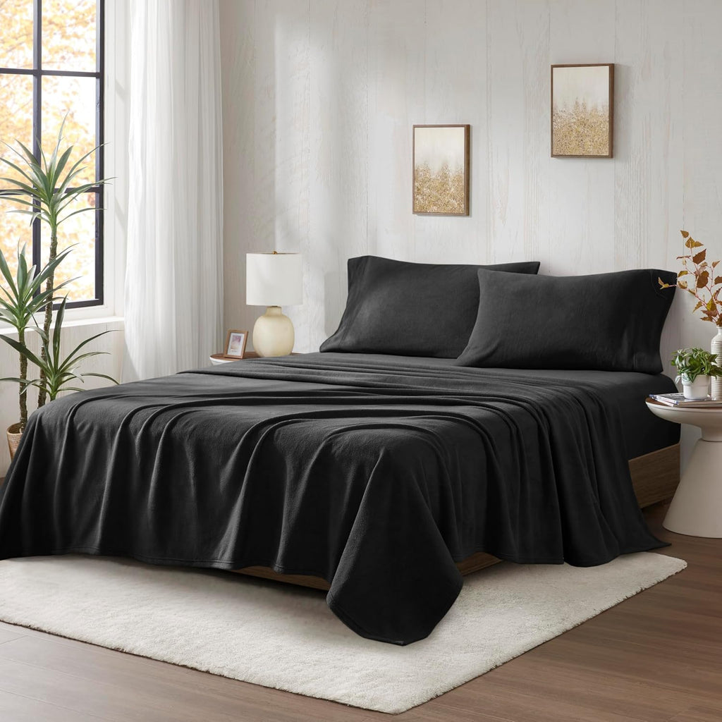 True North by Sleep Philosophy Micro Fleece Bed Sheet Set, Warm, Sheets with 14' Deep Pocket, for Cold Season Cozy Sheet-Set, Matching Pillow Case, Cal King, Black, 4 Piece