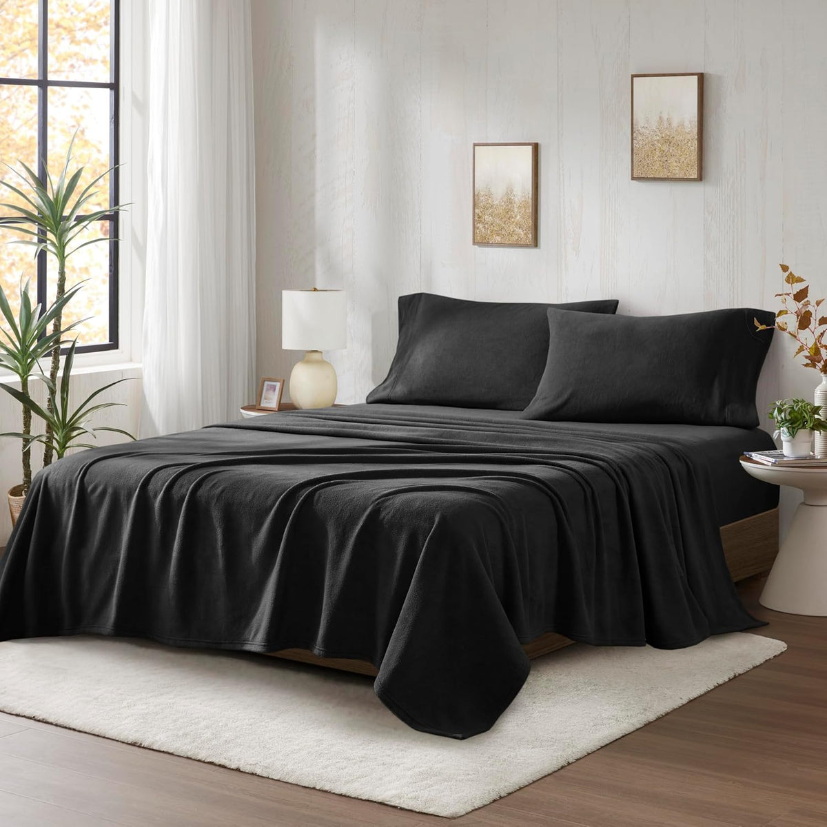 True North by Sleep Philosophy Micro Fleece Bed Sheet Set, Warm, Sheets with 14' Deep Pocket, for Cold Season Cozy Sheet-Set, Matching Pillow Case, Cal King, Black, 4 Piece
