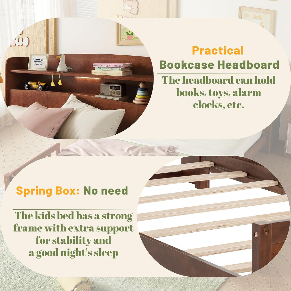 Full Size Kids Bed, Wood Kids Bed with Storage Bookcase & Headboard, Beds Frames with Rails & LED Motion Sensor Light, for Boys and Girls, Walnut