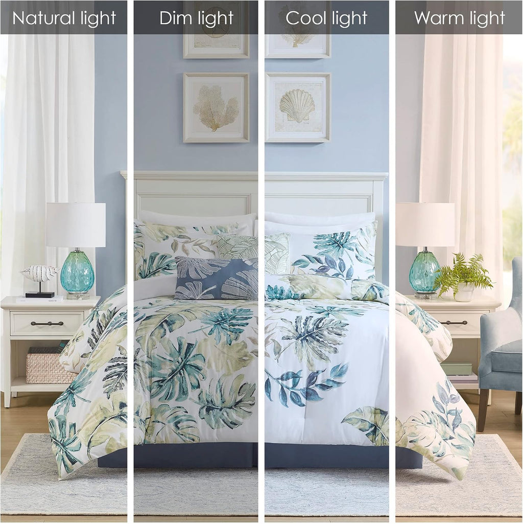 Harbor House Cozy Cotton Comforter Set - Coastal, All Season Down Alternative Casual Bedding with Matching Shams, Decorative Pillows, Lorelai, Monstera Leaf Green Queen(92'x96') 6 Piece