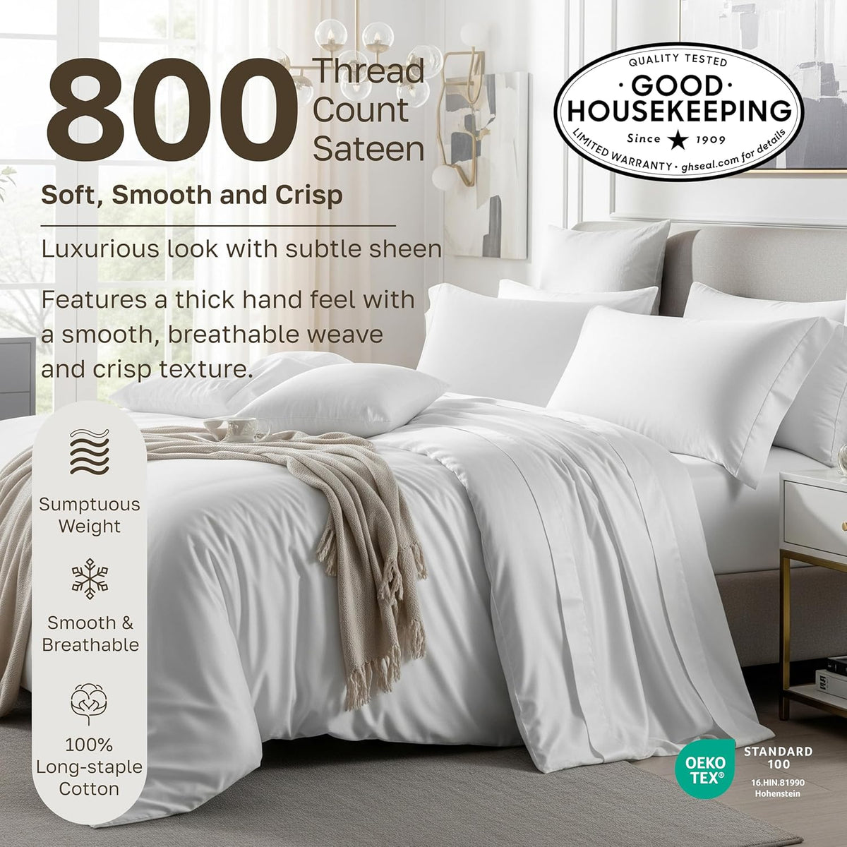 California Design Den Deep Pocket King Sheet Set - Luxury 800 Thread Count Sheets King, 100% Cotton Sateen Bedding Set - Beige