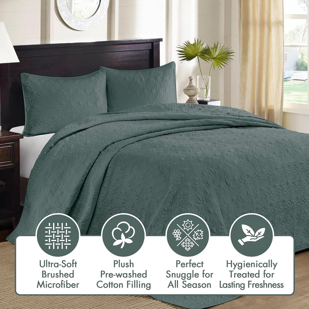 Madison Park King Bedspread Set Reversible Damask Quilted Oversized Coverlet, Cotton-Filled Quilts Oversized, All Season, Lofty & Warm Bedspread, Quebec, Balsam Green 3 Piece