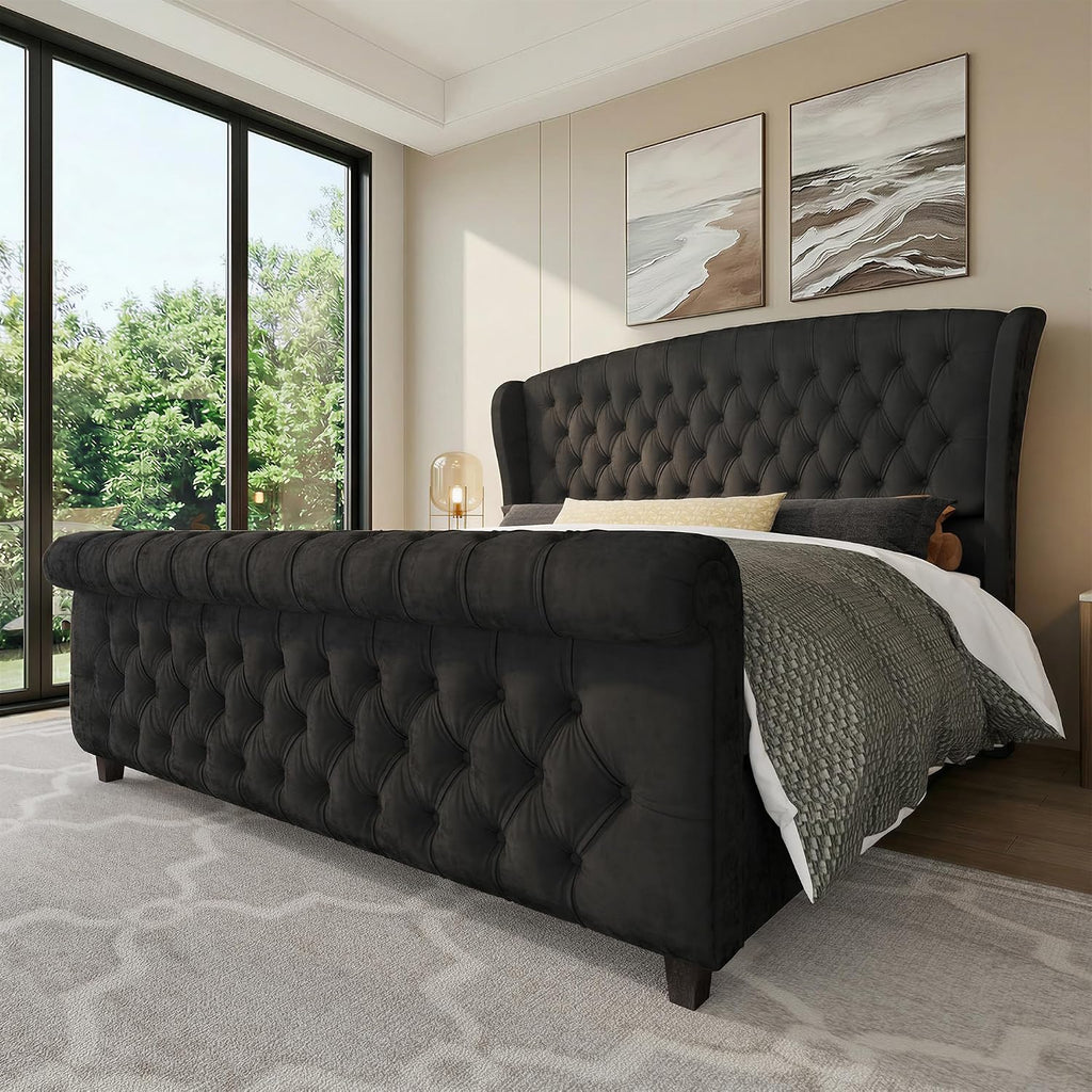 LUXOAK California King Size Platform Bed Frame, Velvet Upholstered Sleigh Bed with Curved Headboard & Footboard, Deep Button Tufted, Wood Slats Support, No Box Spring Needed, Black
