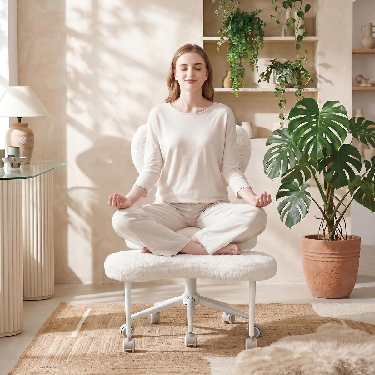 Cross Legged Office Chair with Wheels, 360 Swivel Height-Adjustable Meditation Chair with Lumbar Support, Beige