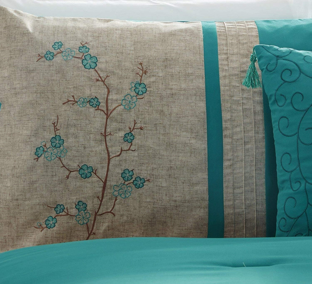 Chezmoi Collection Noriko Luxury 7-Piece Teal Cherry Blossoms Floral Embroidery Bedding Comforter Set, King