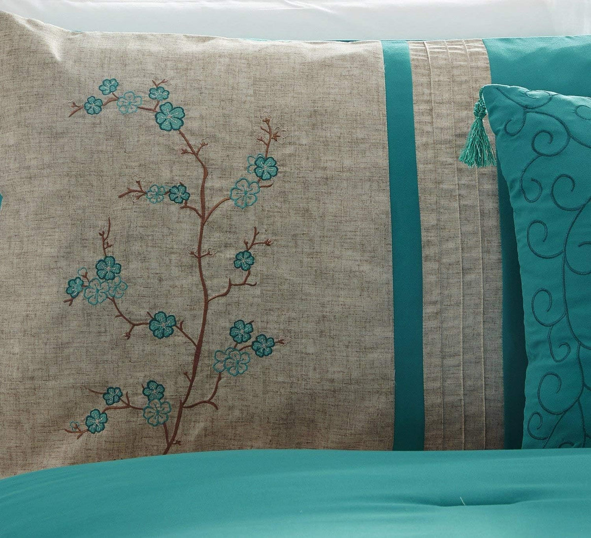 Chezmoi Collection Noriko Luxury 7-Piece Teal Cherry Blossoms Floral Embroidery Bedding Comforter Set, King