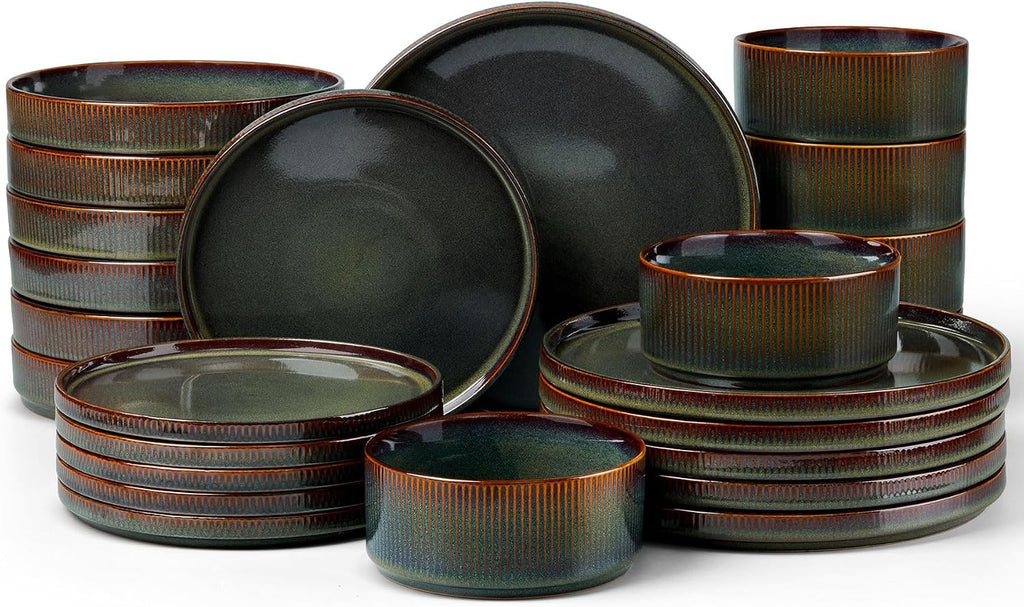 LIANYU Dinnerware Sets with Pasta Bowls, 24 Piece Ribbed Dinnerware Plates and Bowls Set for 6, Elegant Modern Stoneware Dishes Set for Kitchen Dining, Microwave and Dishwasher Safe, Jungle Green