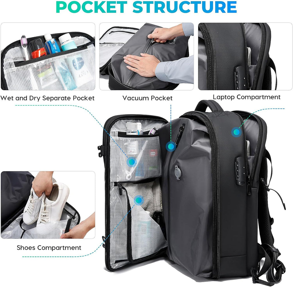 BANGE Vacuum-Seal Travel Backpack with Pump and Vacpack Compression System, Water Resistant Large Carry-On Backpack with Laptop Compartment and TSA Lock - Flight Approved, Black (With Air Pump)